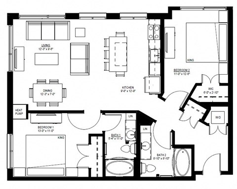 Floor plan for 2 beds, 2 baths, 1080 sqft